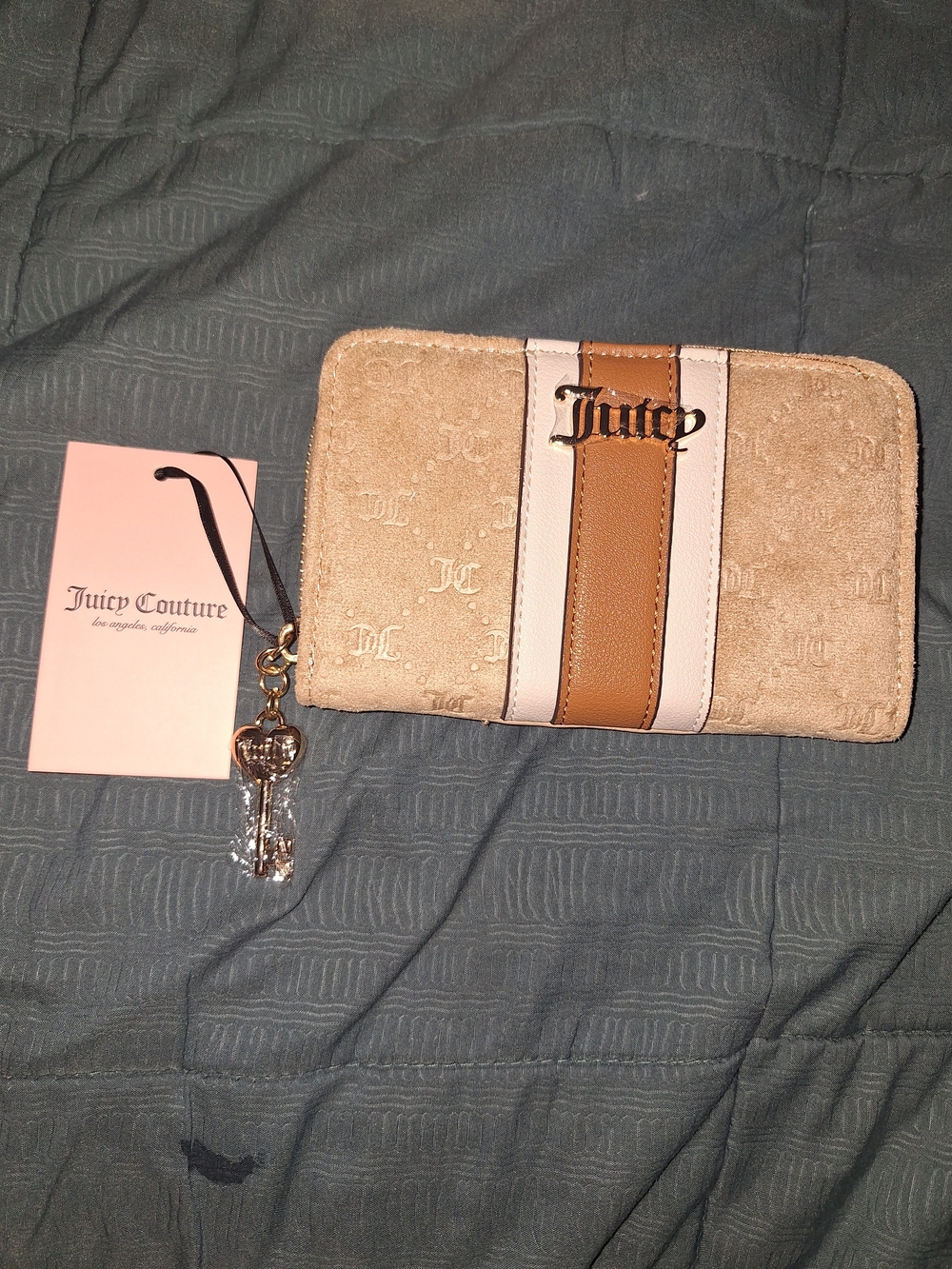 Juicy Couture Beige and Tan Striped Zip Wallet with Key Charm